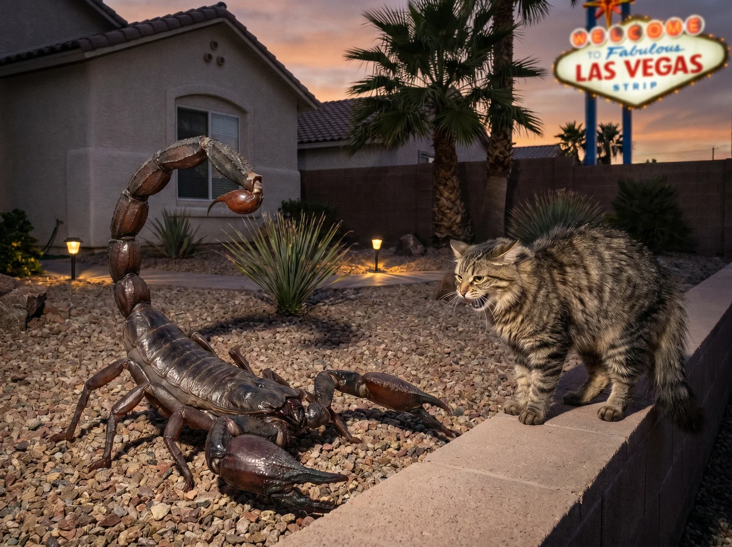 A giant scorpion facing off with a cat