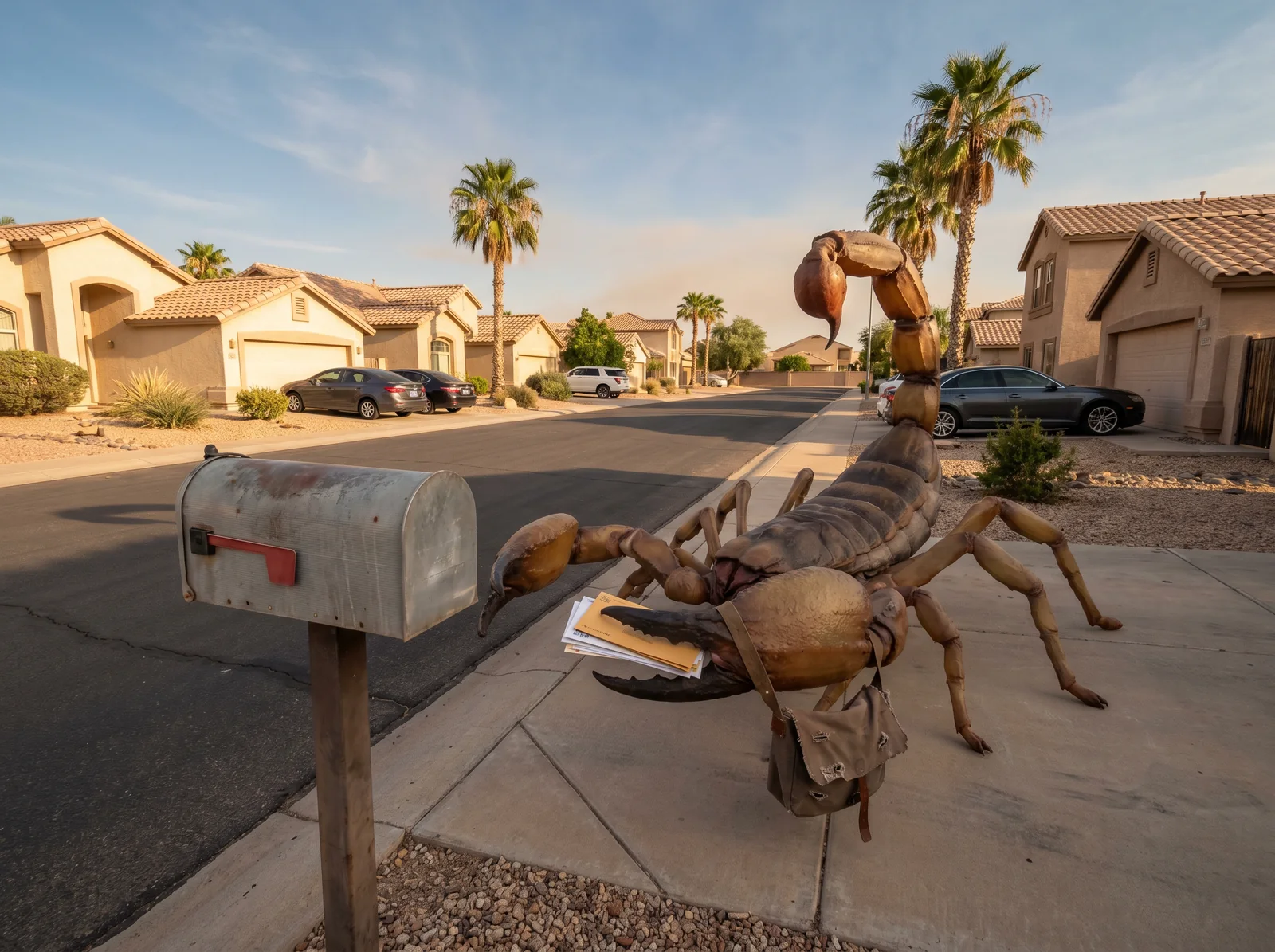 A giant scorpion checking the mail at a curbside mailbox