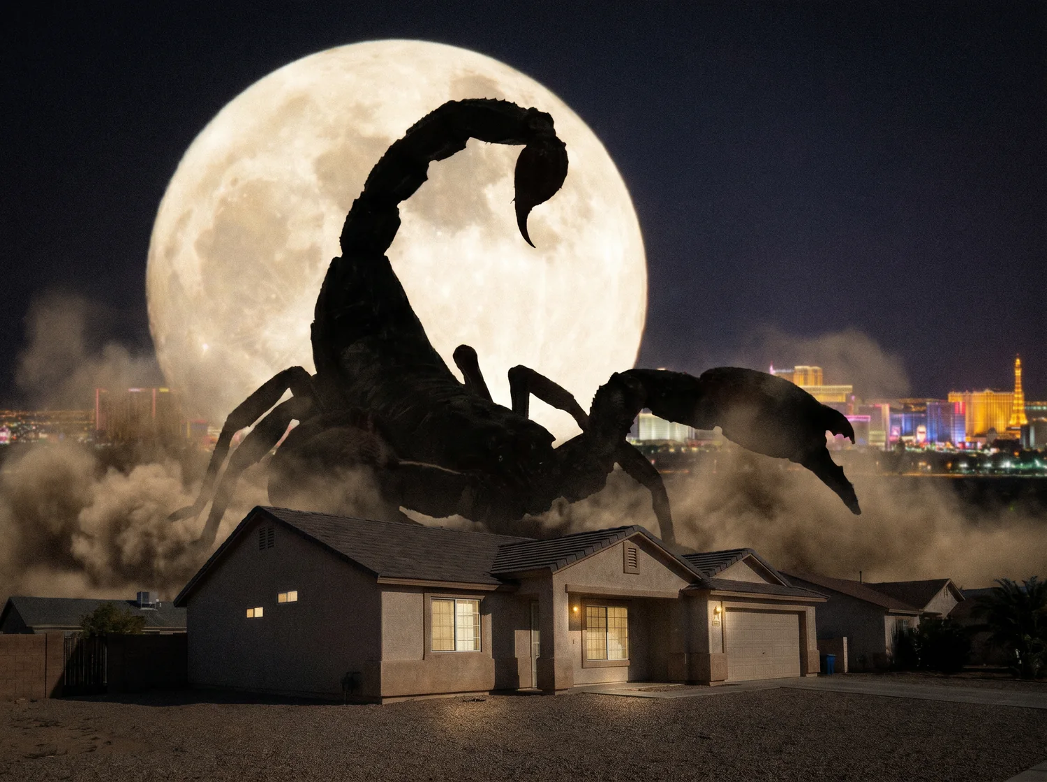 A giant scorpion looming over a house