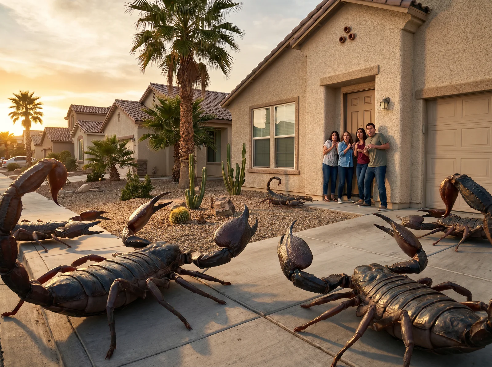 Several giant scorpions blocking a walkway with people trapped
