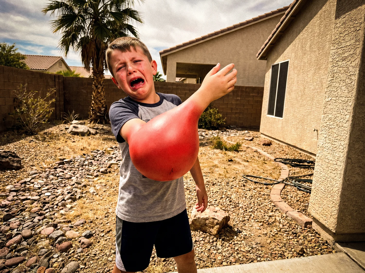 A kid with an exaggerated scorpion sting