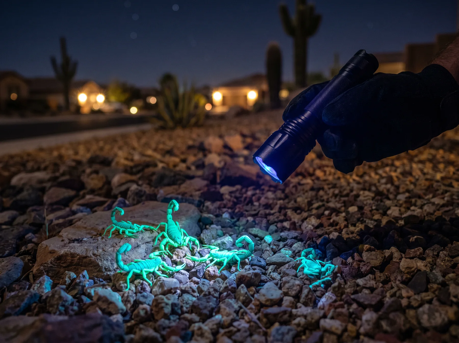 Dozens of scorpions glowing under UV light