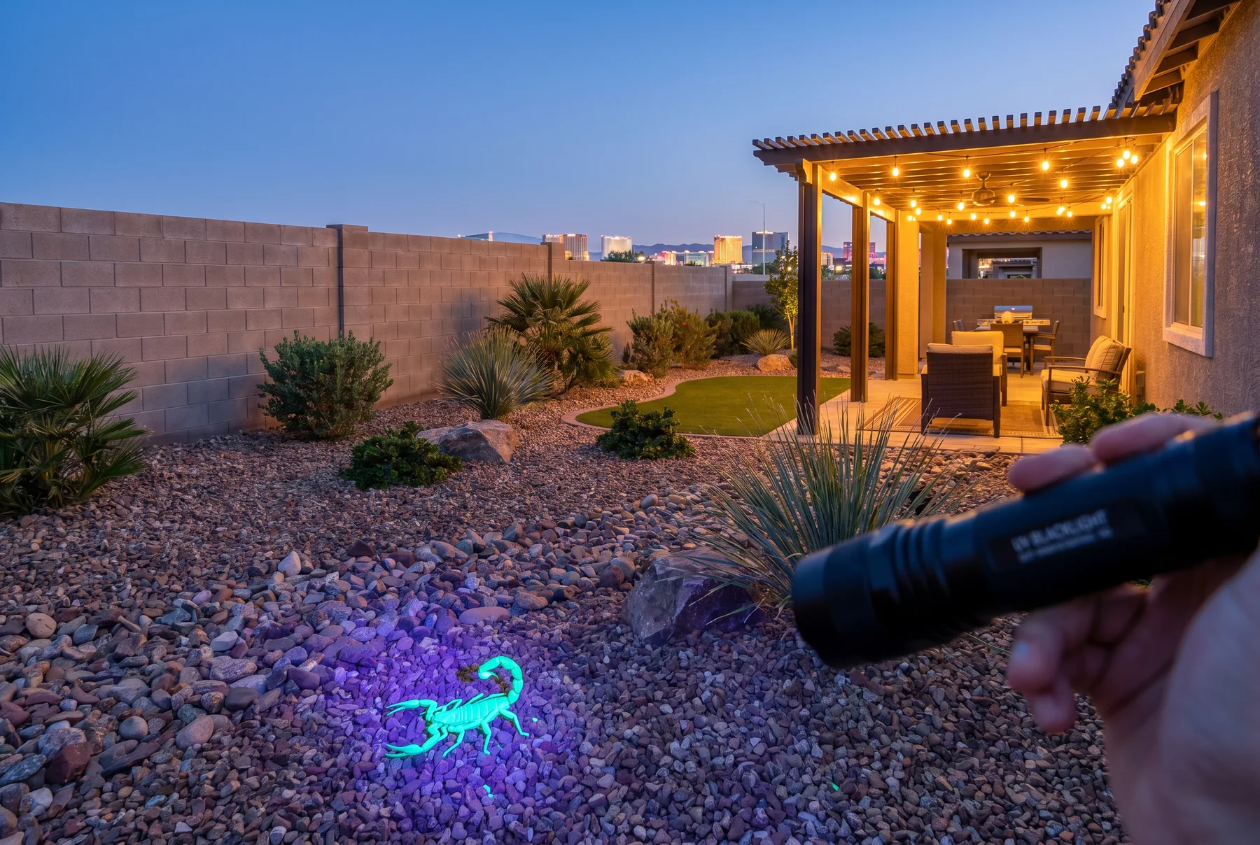 Checking a Las Vegas backyard for scorpions with a UV flashlight at dusk