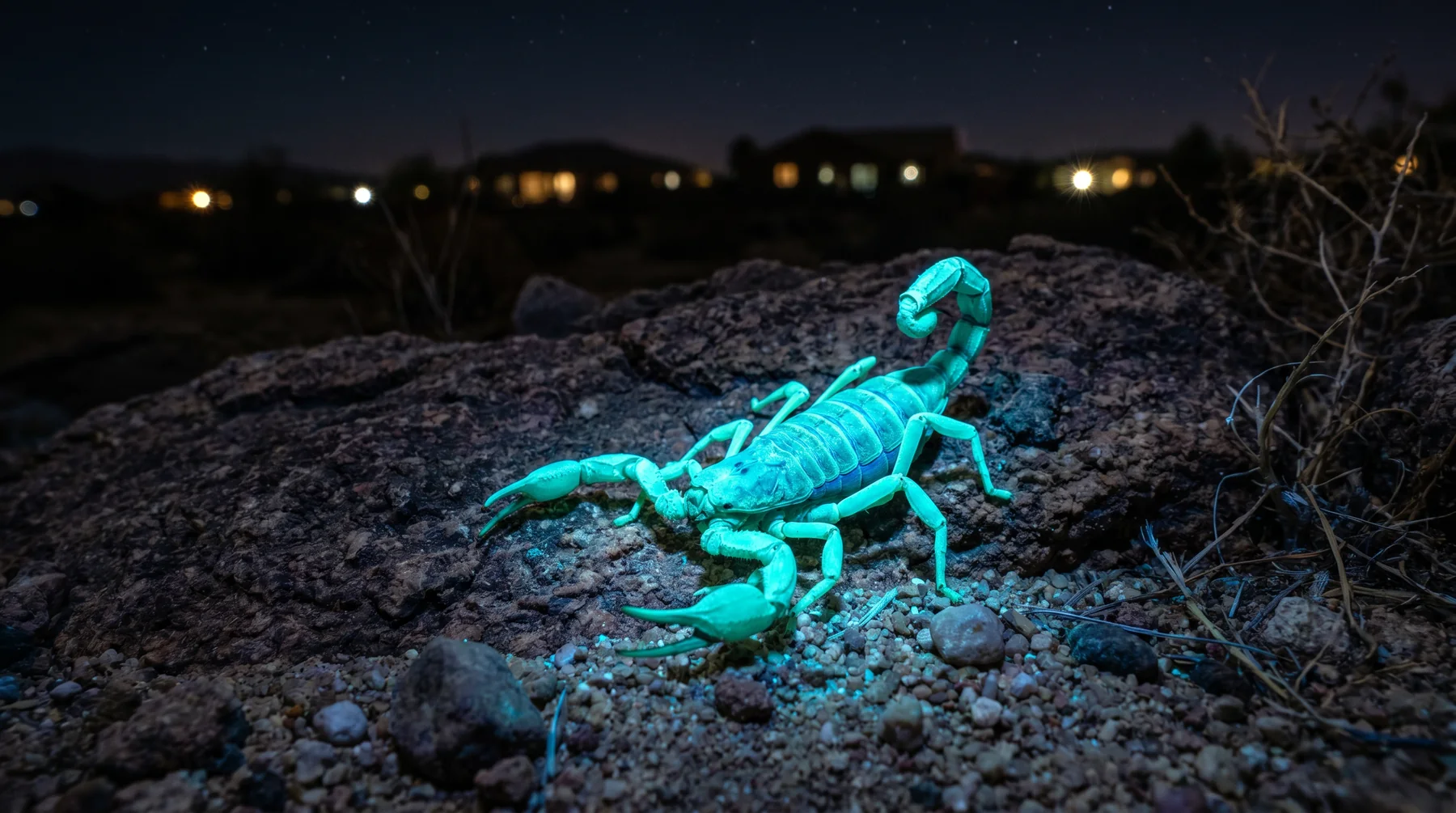 Bark scorpion glowing under ultraviolet light at night