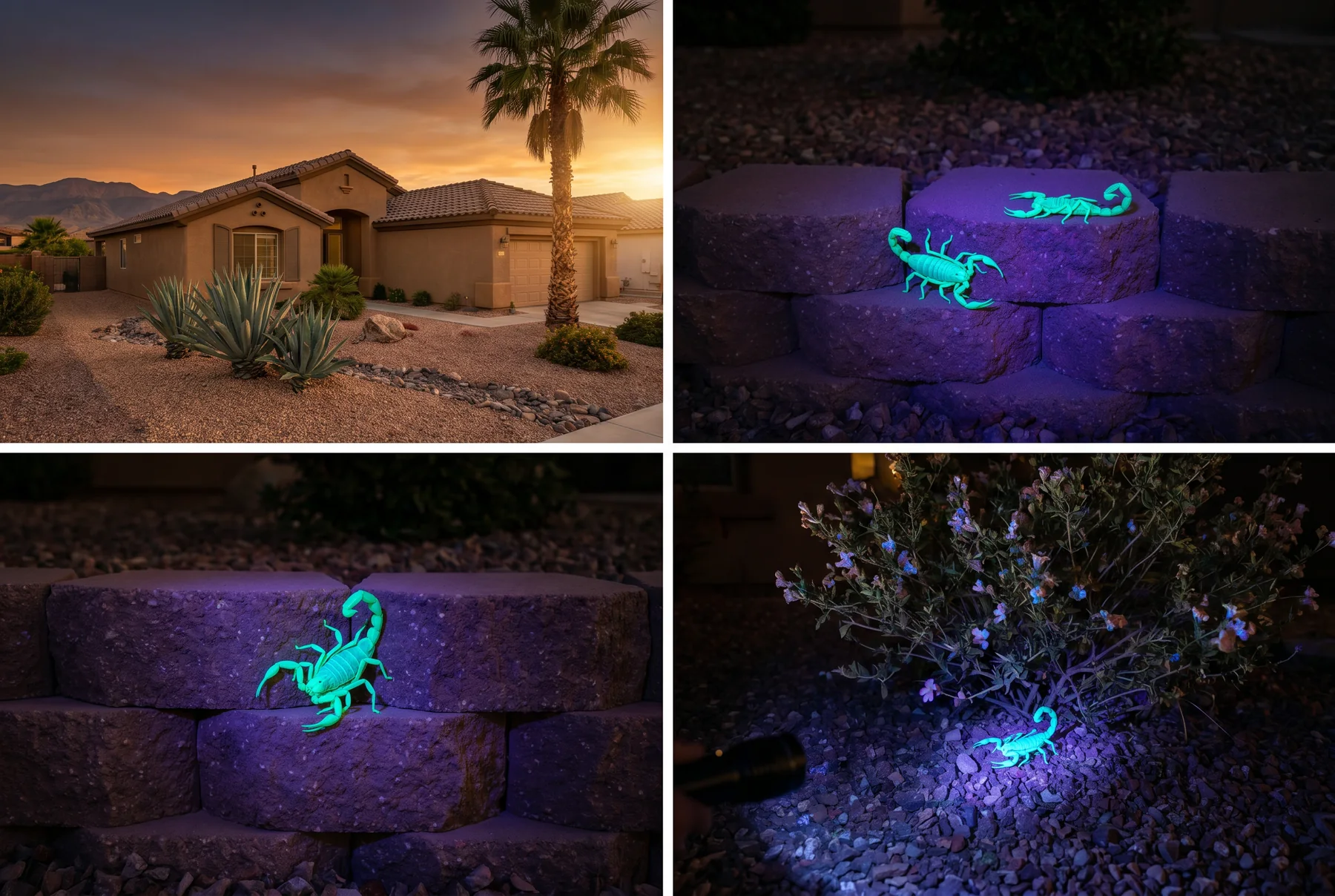 Scorpions visible under UV light on block walls near a Las Vegas patio